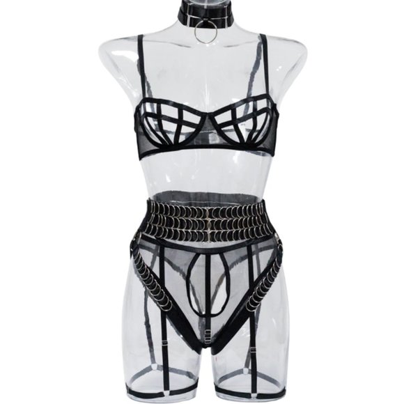 5-Pcs Pierced Multi-Strap Wear Panty Backless Women's Kink Set Lingerie - Picture 7 of 17